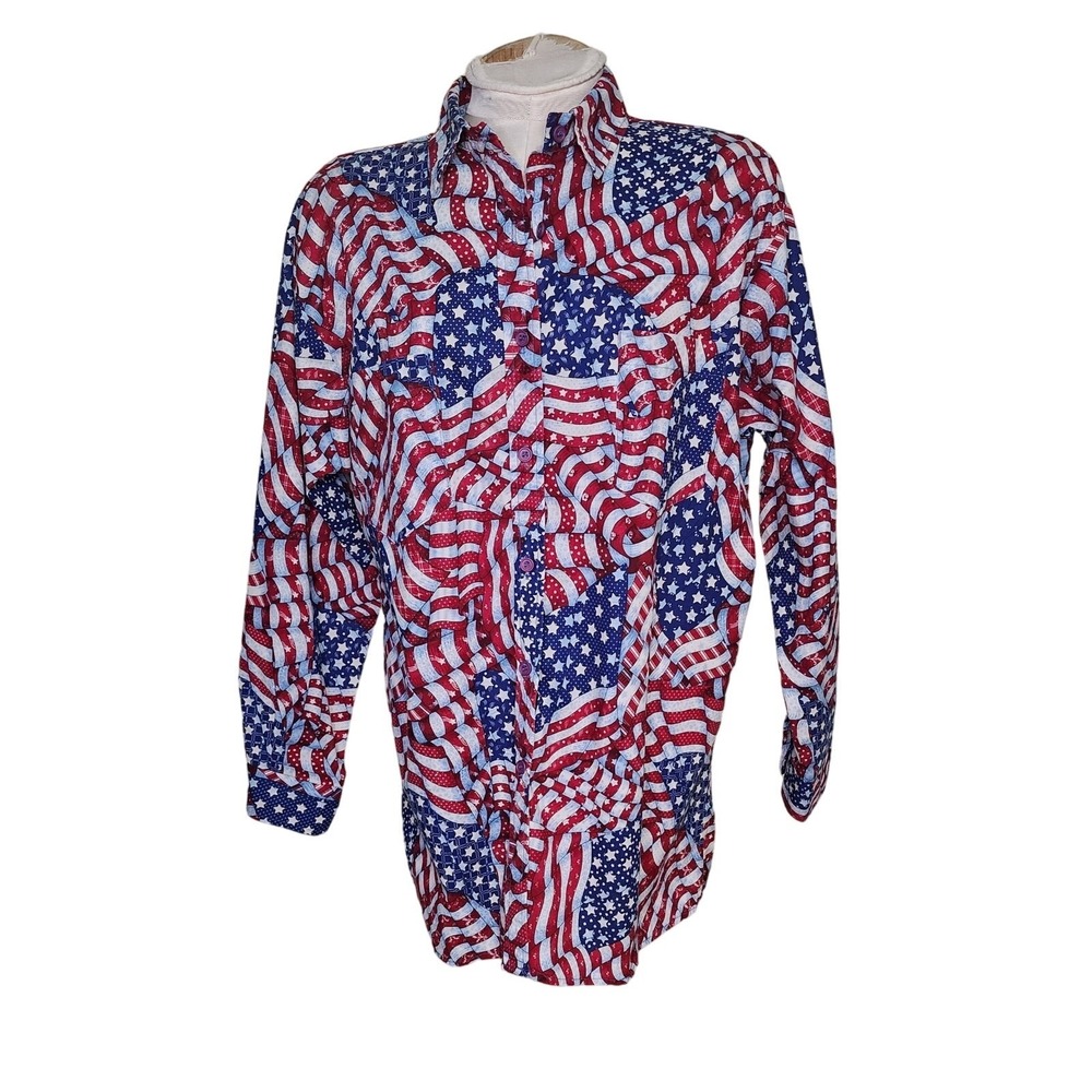 Vintage USA flag Button Up Long Sleeve Shirt Patriotic Merica 4th of july